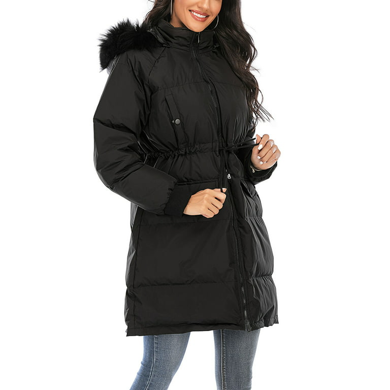 New Womens Ladies Fur Trimmed Hooded Padded Puffer Parka Winter Jacket Coat Size